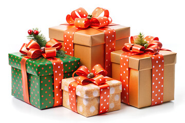 Fototapeta premium Snowflakes fall in the corners red gift boxes Christmas branches background