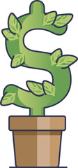 A plant shaped like a dollar sign in a pot, symbolizing financial growth.