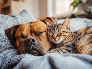 Dog and cat peacefully sleeping together