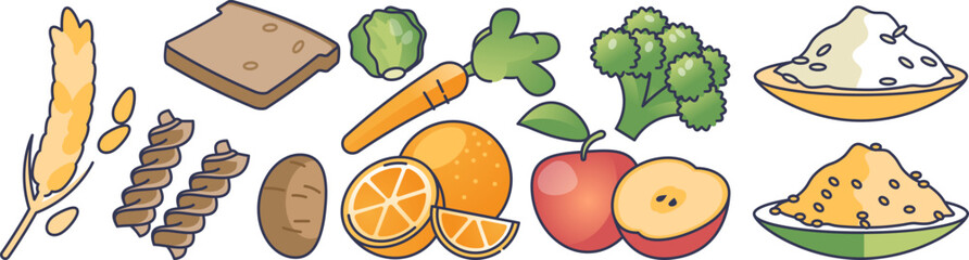 Illustration of fiber-rich foods like grains, fruits, and vegetables promoting healthy eating.