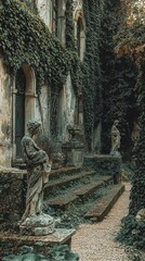 Fototapeta premium Old Ivy-Covered Estate with Statues in a Historical Setting