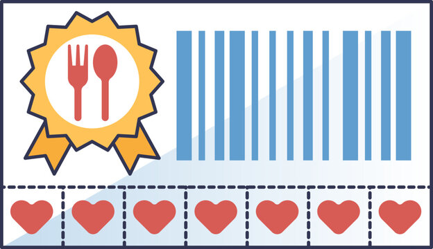 Illustration of a food voucher card with a barcode, cutlery symbol, and heart icons, symbolizing meal benefits.