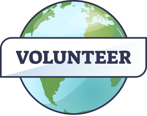 Globe with 'Volunteer' banner symbolizes global volunteerism and community service.