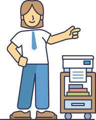 Illustration of a happy employee pointing at a printer, symbolizing efficient office work.