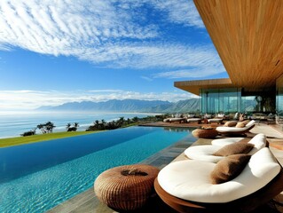 Modern villa with an infinity pool overlooking mountains and ocean under a blue sky.