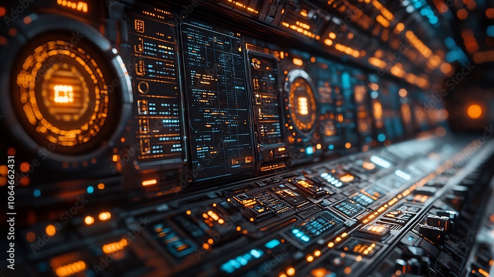 Aufkleber futuristic network switchboard covered security locks and holographic screens showing network defens