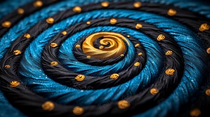 Abstract Blue and Gold Swirling Pattern with Golden Dots Textile Design Macro Photography