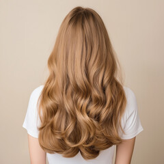 Fototapeta premium Back View of Woman with Long, Wavy Blonde Hair Against Cream Background