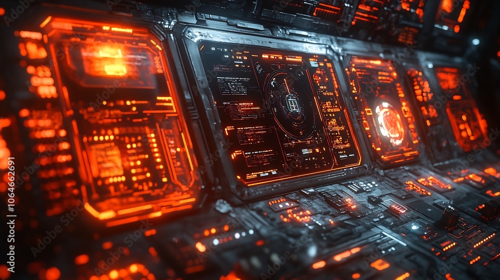 Poster futuristic network switchboard covered security locks and holographic screens showing network defens