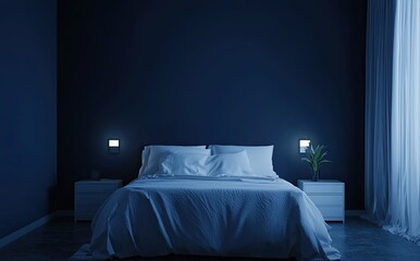 modern bedroom interior design with a bed and nightstand near a dark blue wall background. Minimal style hotel room with a white floor, navy wallpaper, and a wooden headboard