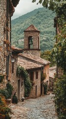 Fototapeta premium Quaint European Village with Historic Bell Tower