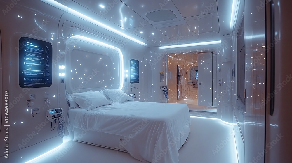Poster futuristic hospital room secure devices biometric access and encrypted monitors showcasing advanced 