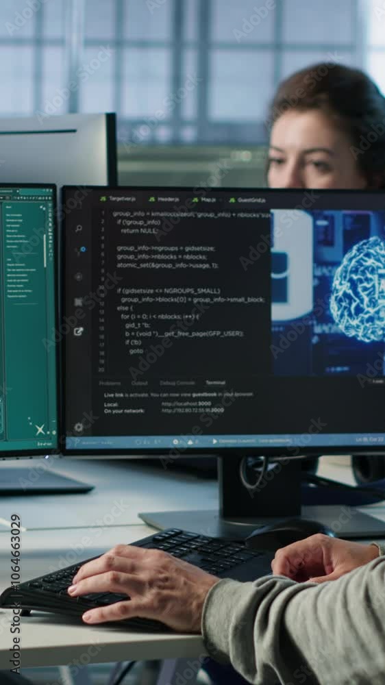Fototapete Engineer in server hub making generative artificial intelligence website generating videos using diffusion model algorithms. Employee coding AI virtual assistant producing clips, camera A