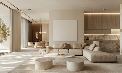 living room interior design with a white blank wall art mockup, a beige sofa, and a coffee table near an open kitchen in a modern-style home decor with wood paneling and lighting lamps