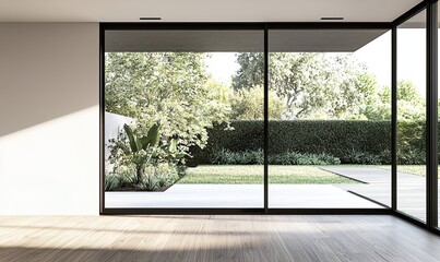 modern, empty room with a white wall and wooden floor. Minimal home interior design of a living space mock-up, with a panoramic window view to the garden landscape outside the glass door