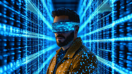 Futuristic Man in Modern Warehouse with Augmented Reality