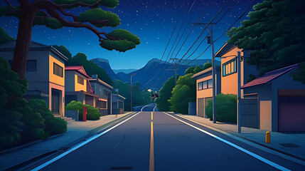 A quiet street in a Japanese suburb at night, lit by streetlights and the starry sky.
