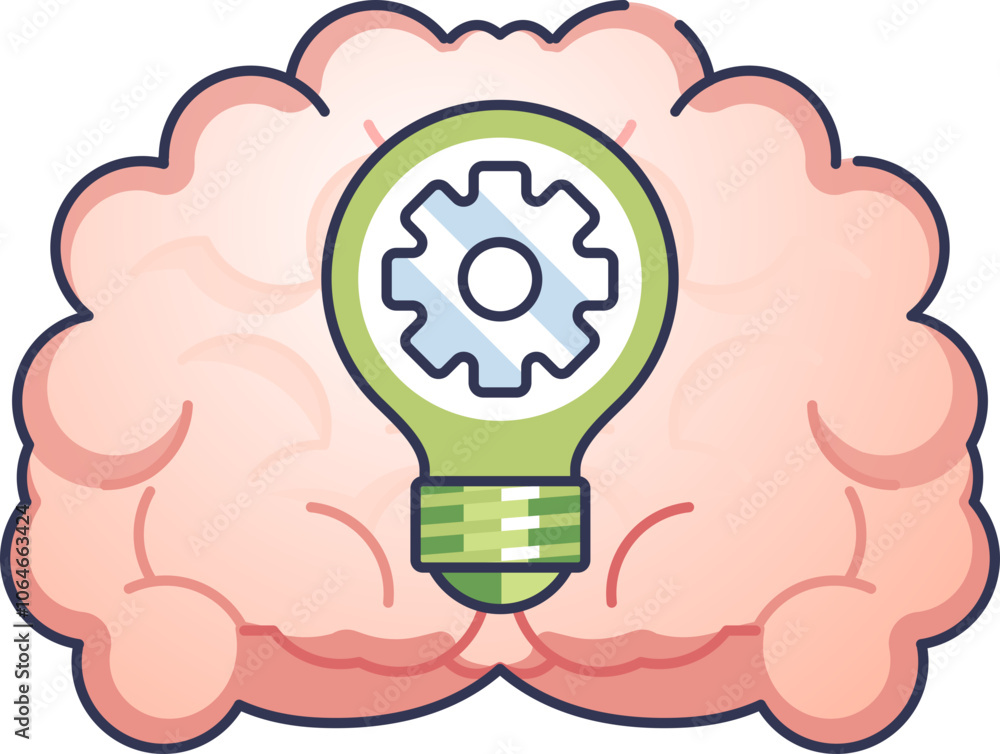 Poster brain with a lightbulb and gear symbolizes innovative thinking and problem-solving.