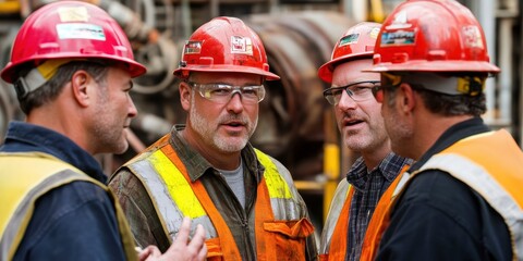 Obraz premium Group of four male construction workers discussing a project on site.