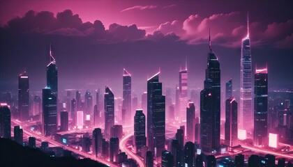 Fototapeta premium Pink Night Skyline Over Downtown Skyscrapers and City Lights Reflecting 