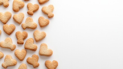 Obraz premium Close-up of freshly baked dog biscuits, featuring heart and bone shapes, beautifully presented against a white background, ideal for pet food advertisements and packaging designs