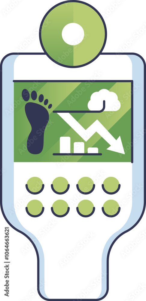 Poster illustration of a device tracking carbon footprint with graphs and cloud.