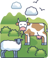 Illustration of cow and sheep in a pastoral landscape, symbolizing livestock integration.