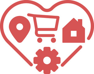 Icons of location, shopping cart, house, and gear in a heart symbolize local production and community support.