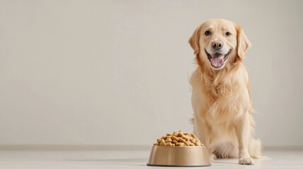 Smiling dog standing in front of a filled food bowl, eyes sparkling with happiness, against a neutral background, capturing the essence of a pet's mealtime delight