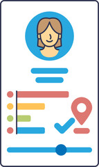 Illustration of a profile card with avatar, charts, and location icon, symbolizing personal data and analytics.