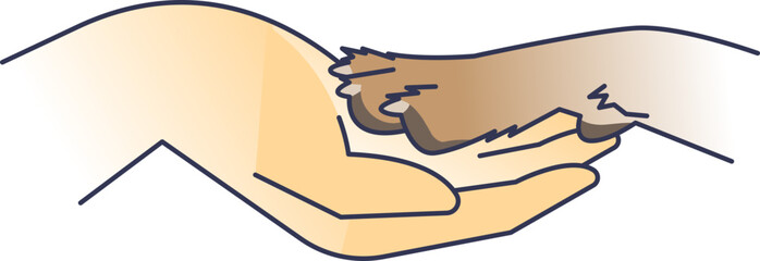 Human hand and animal paw together, symbolizing unity between humans and animals.