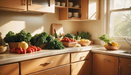 Modern kitchen with Vegetables on counter sleek design