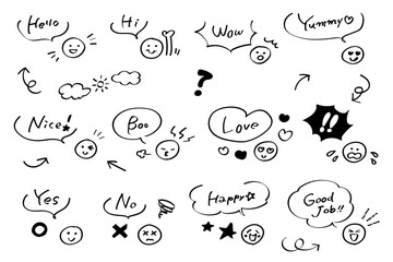かわいい落書き風ふきだしと表情のイラストセット　モノクロ