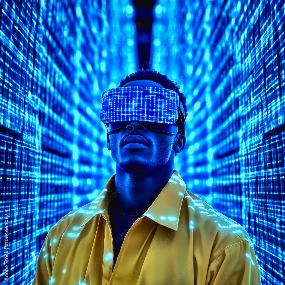 Poster man in virtual reality in a warehouse setting