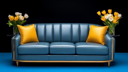 Modern Blue Leather Sofa with Gold Trim and Yellow Cushions and Flowers