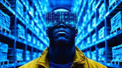 Man in VR Glasses in Modern Warehouse Setting