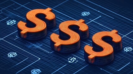 Vibrant orange dollar signs on a digital blue background, representing finance and investment concepts in a modern, abstract style.