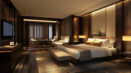 Fototapeta premium modern luxury bedroom interior design with a bed, sofa, wall mock-up, decorated in a contemporary style