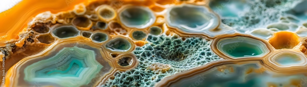 Poster close-up of a colorful agate geode with layered bands and a textured surface.