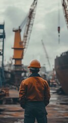 Male worker in orange jacket and hard hat observes heavy machinery at a dock.