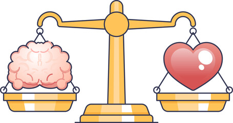 A scale balancing a brain and a heart, symbolizing the harmony between intellect and emotion.