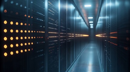 Futuristic data center housing cloud servers streams of digital light representing secure data exchange between servers sleek and organized design