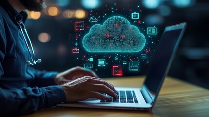 Modern Healthcare Data Management: Doctor Utilizing Cloud-Based Backup Solutions on Laptop with Medical Symbols