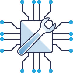 Chip and wrench symbolize technical expertise and innovation.