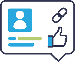 Obraz premium User comment bubble with profile icon, link, and thumbs up symbolizing interaction.