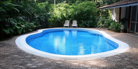 A serene swimming pool surrounded by lush greenery and a relaxing atmosphere.