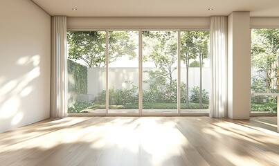 modern, empty room with a white wall and wooden floor. Minimal home interior design of a living space mock-up, with a panoramic window view to the garden landscape outside the glass door
