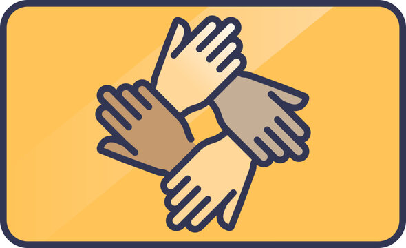 Four hands of different colors interlocked, symbolizing unity and teamwork.