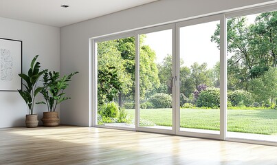 modern, empty room with a white wall and wooden floor. Minimal home interior design of a living space mock-up, with a panoramic window view to the garden landscape outside the glass door