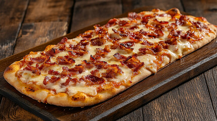Flatbread pizza with bacon, tomato sauce, and cheese